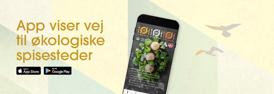 Jubilæumsbanner med billede af mobil, der reklamerer for app'en Økologiske Spisemærker